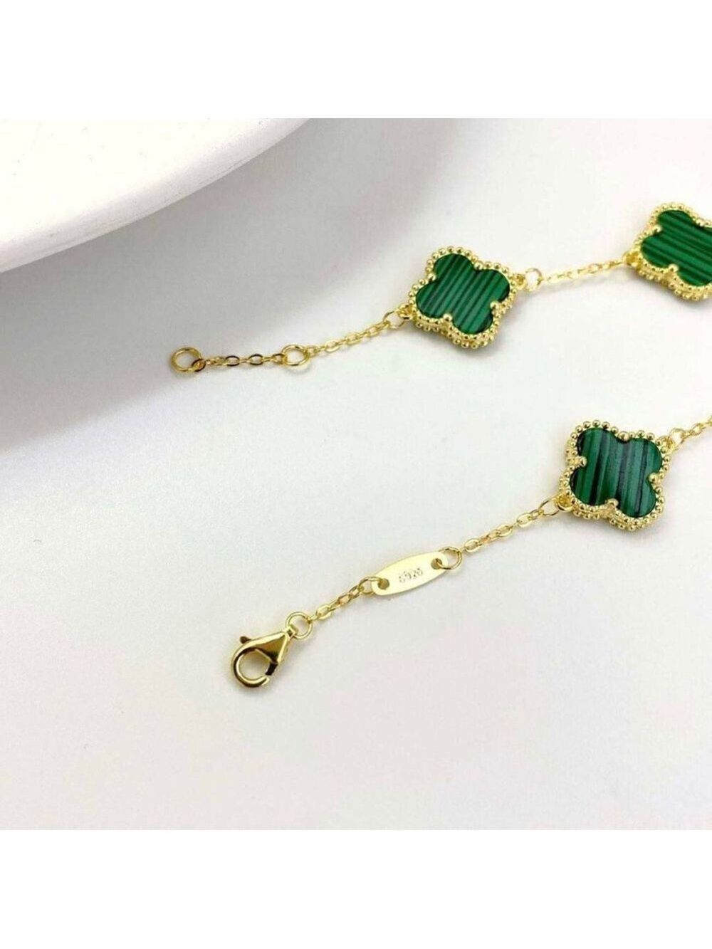 Malachite 18k YG plated Silver Clover bracelet - Picture 3 of 4
